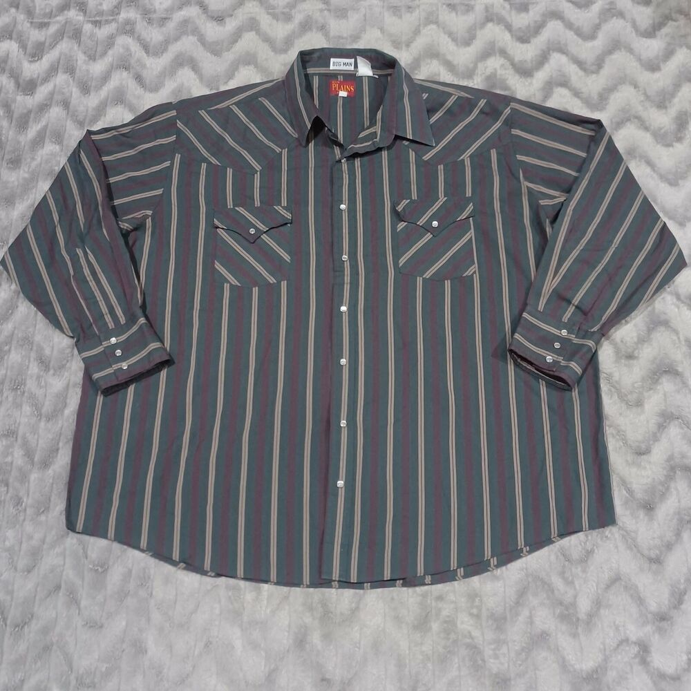 Ely Plains Mens Size XXL Green Red Striped Big Man Pearl Snap Button Up Shirt